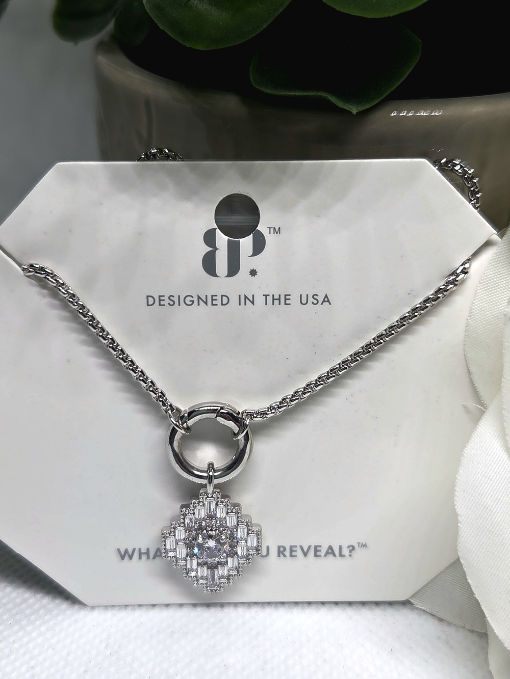 BP Diamond CZ Silver Pendant Necklace with Crystal Cluster